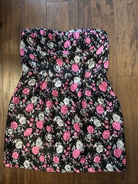 Charlotte Russe Black Strapless Dress with Pink & Gray Floral Print